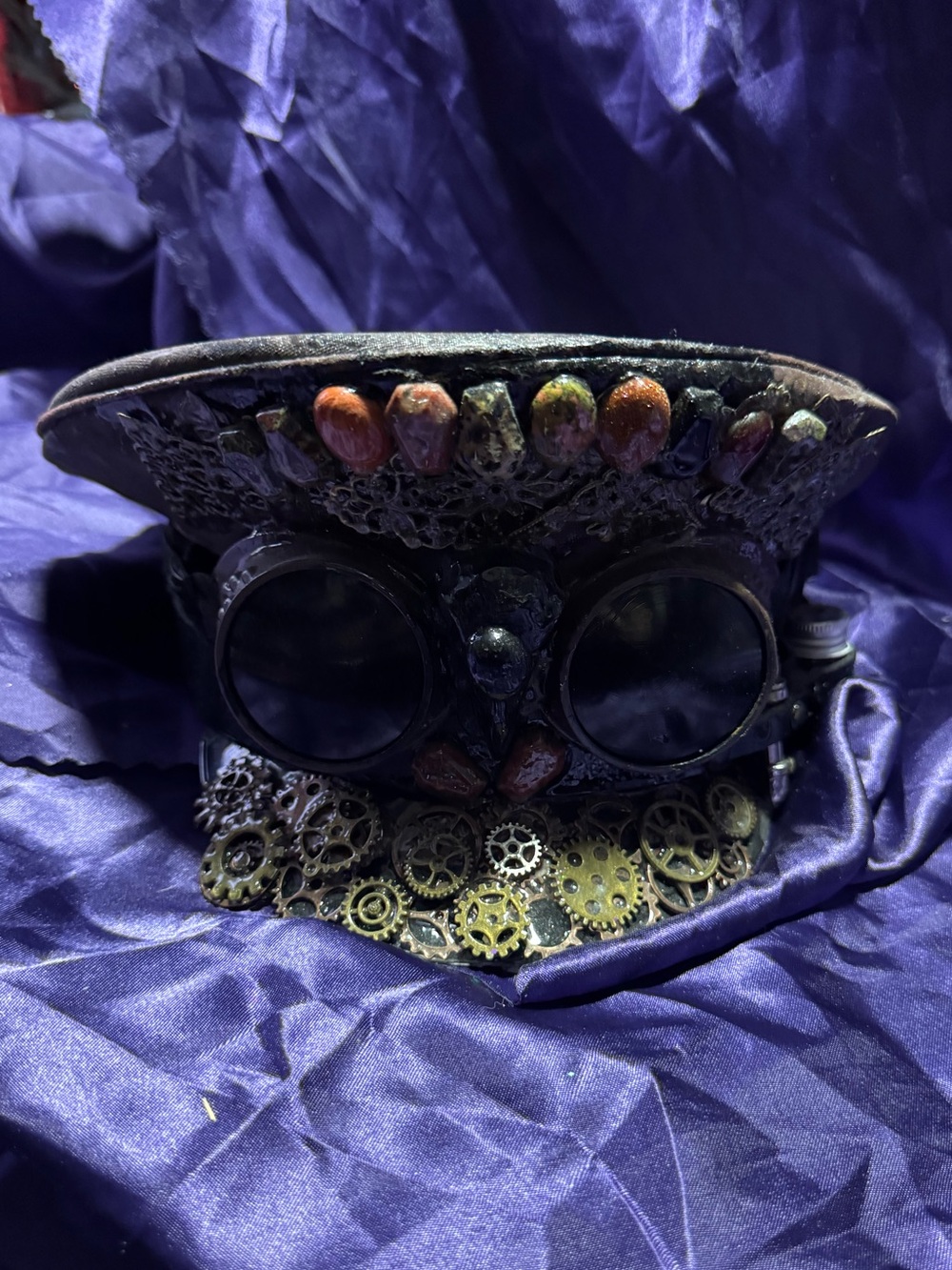 Hand Crafted Black Steampunk military Hat with Brass Gear Accents